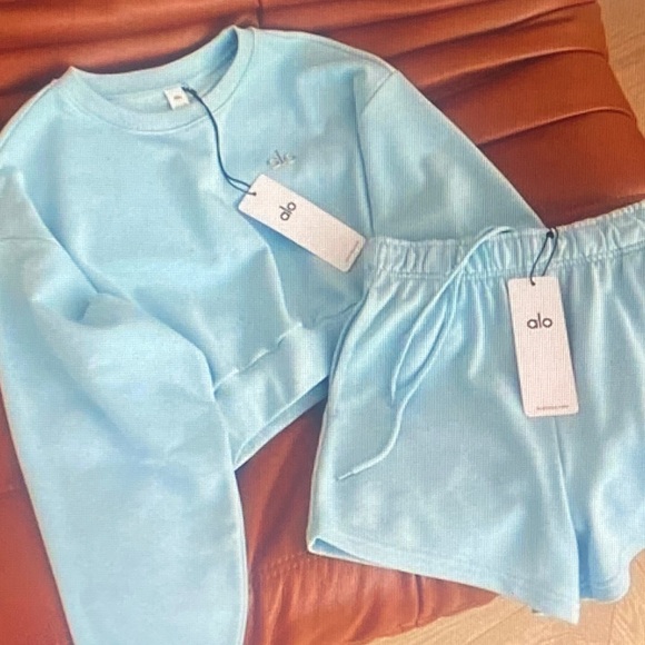 ALO Yoga Tops - ALO Yoga Pale Blue Crop Sweatshirt and Drawstring Shorts Set